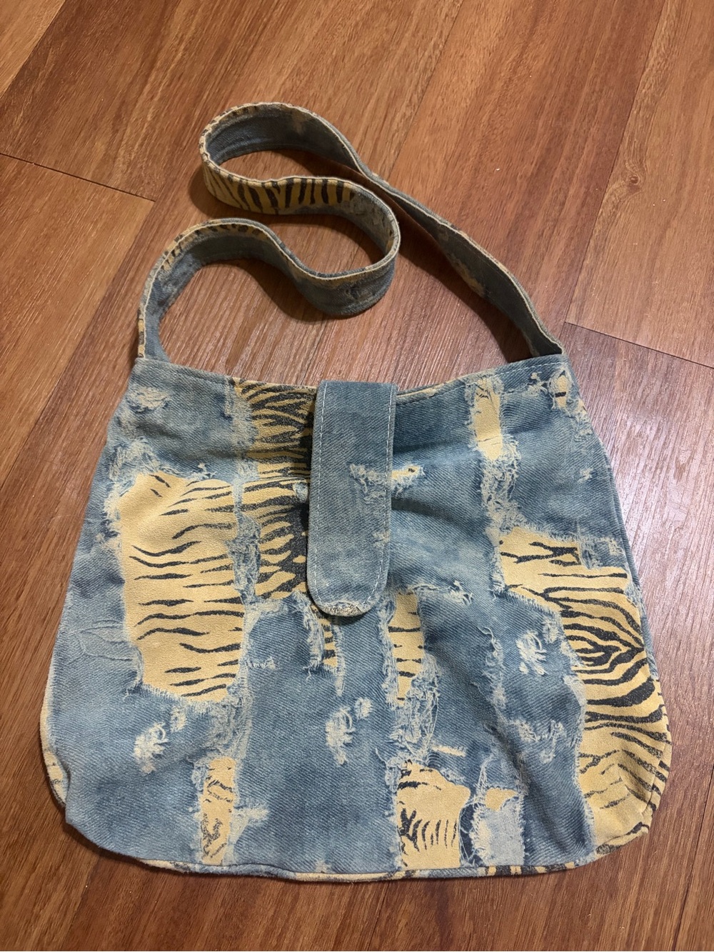 Julie Feldman Leather Distressed Denim Tiger Print Shoulder Bag Handmade USA EUC